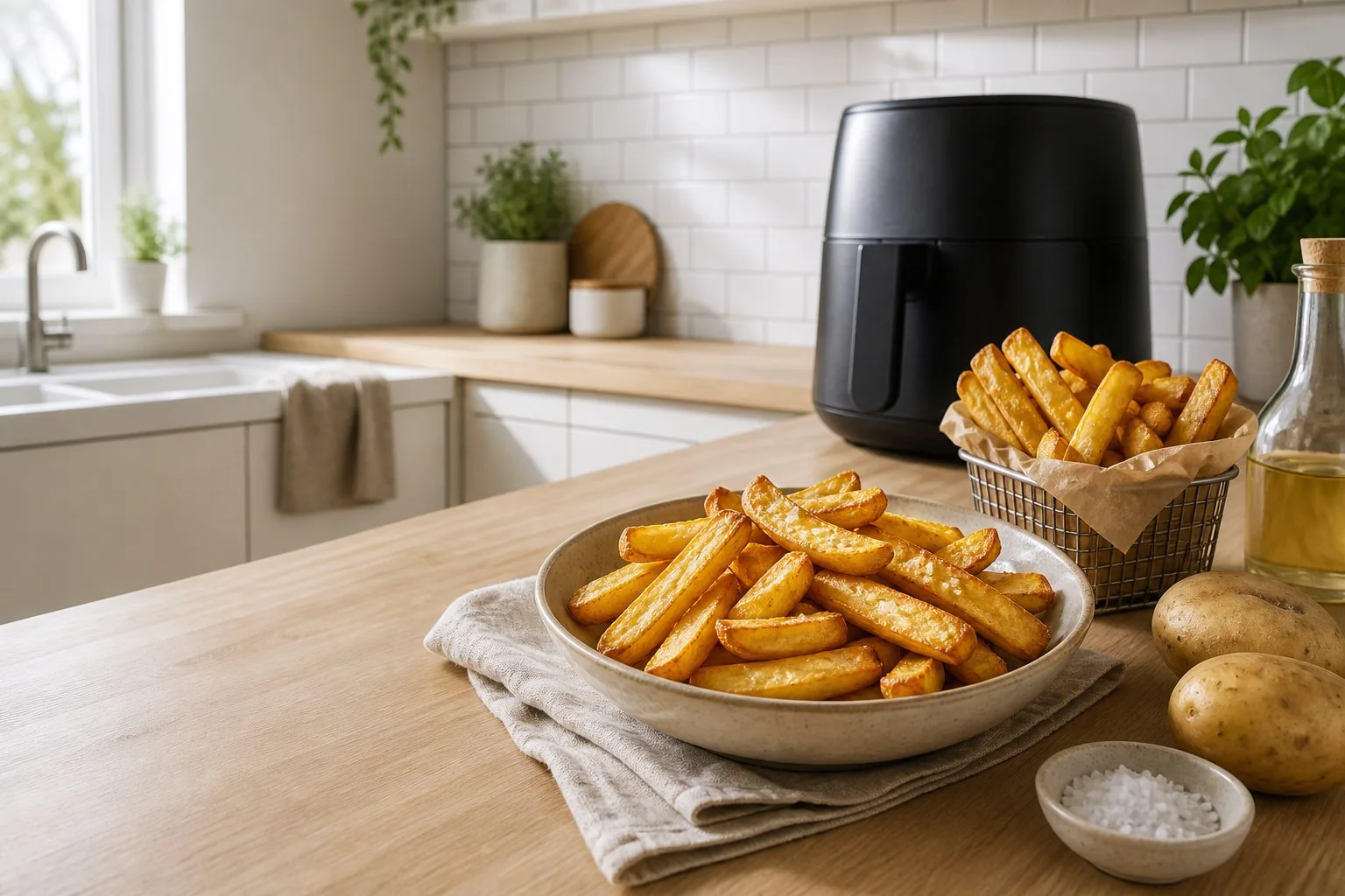 Generated photograph of thick-cut golden chips beside an unbranded air fryer in a bright kitchen
