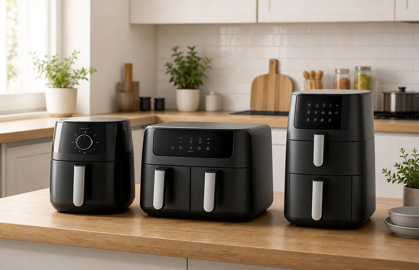 Editorial image of compact, dual-drawer and stacked air fryers in a bright UK kitchen
