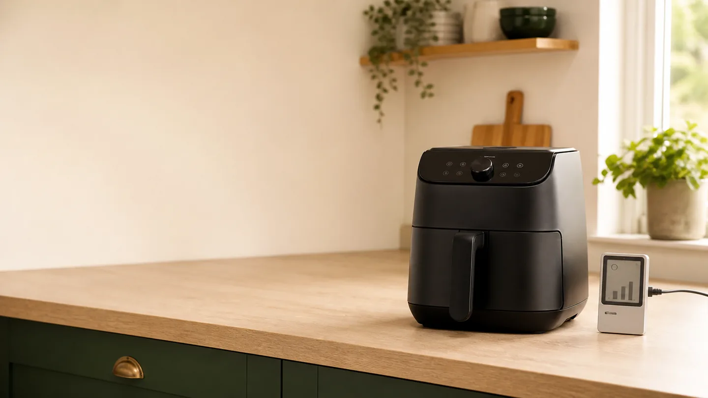 Editorial image of a generic air fryer beside an electricity usage monitor in a bright kitchen
