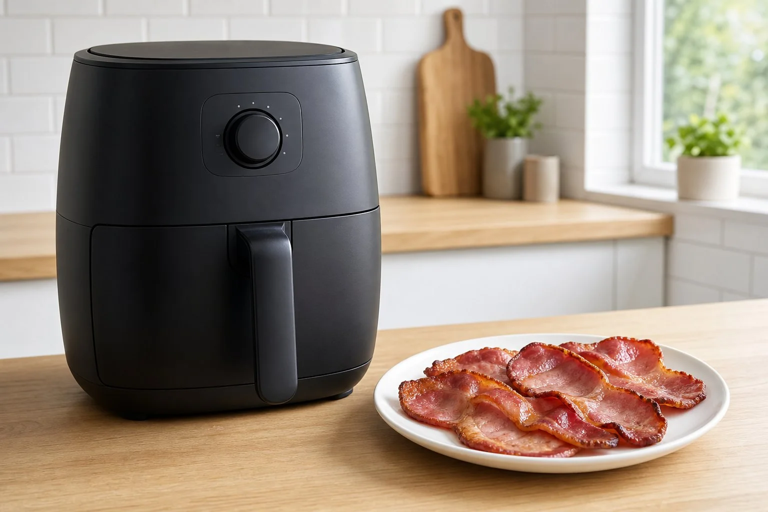 Generated editorial photograph of cooked bacon beside an unbranded air fryer