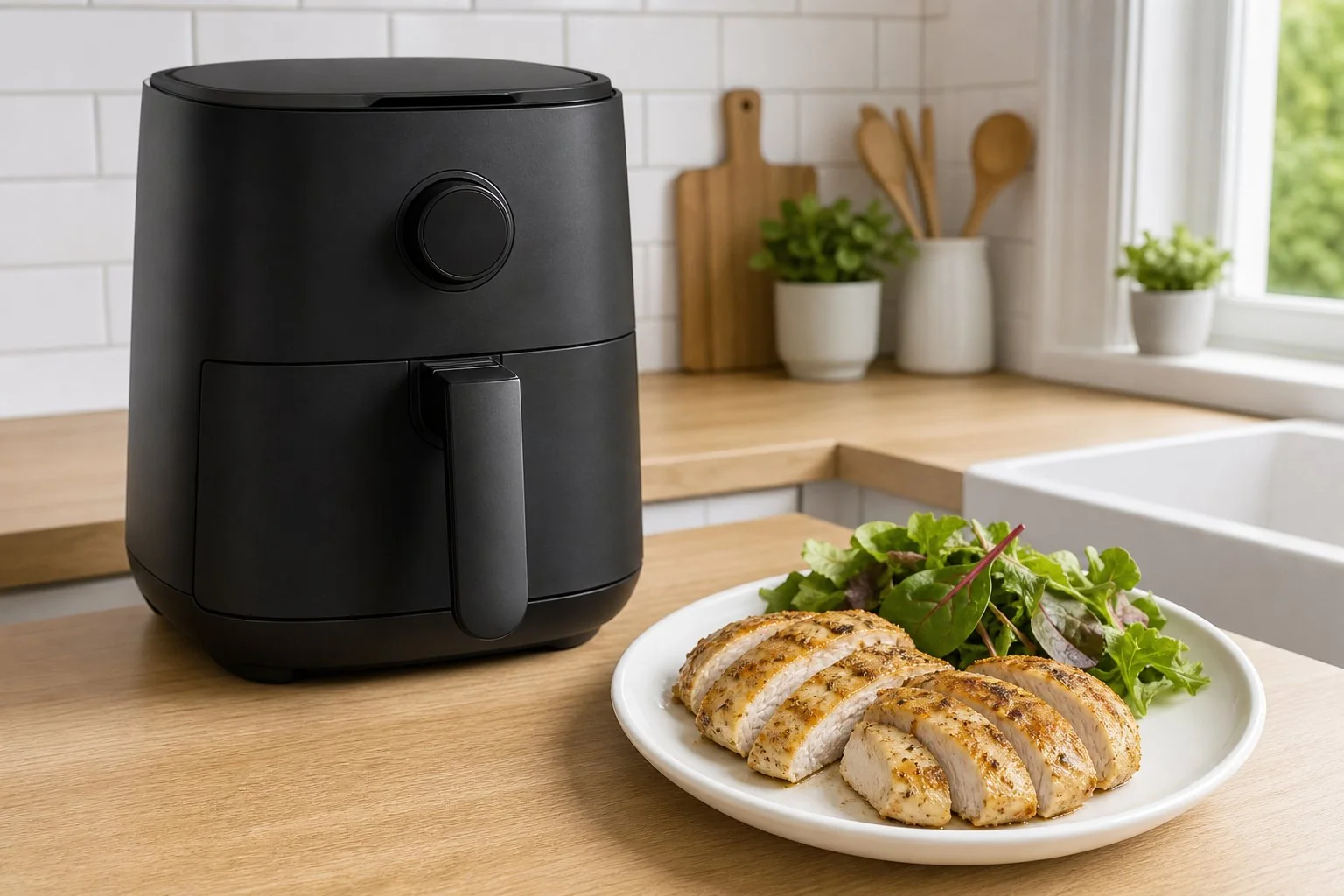 Generated editorial photograph of cooked chicken breast beside an unbranded air fryer