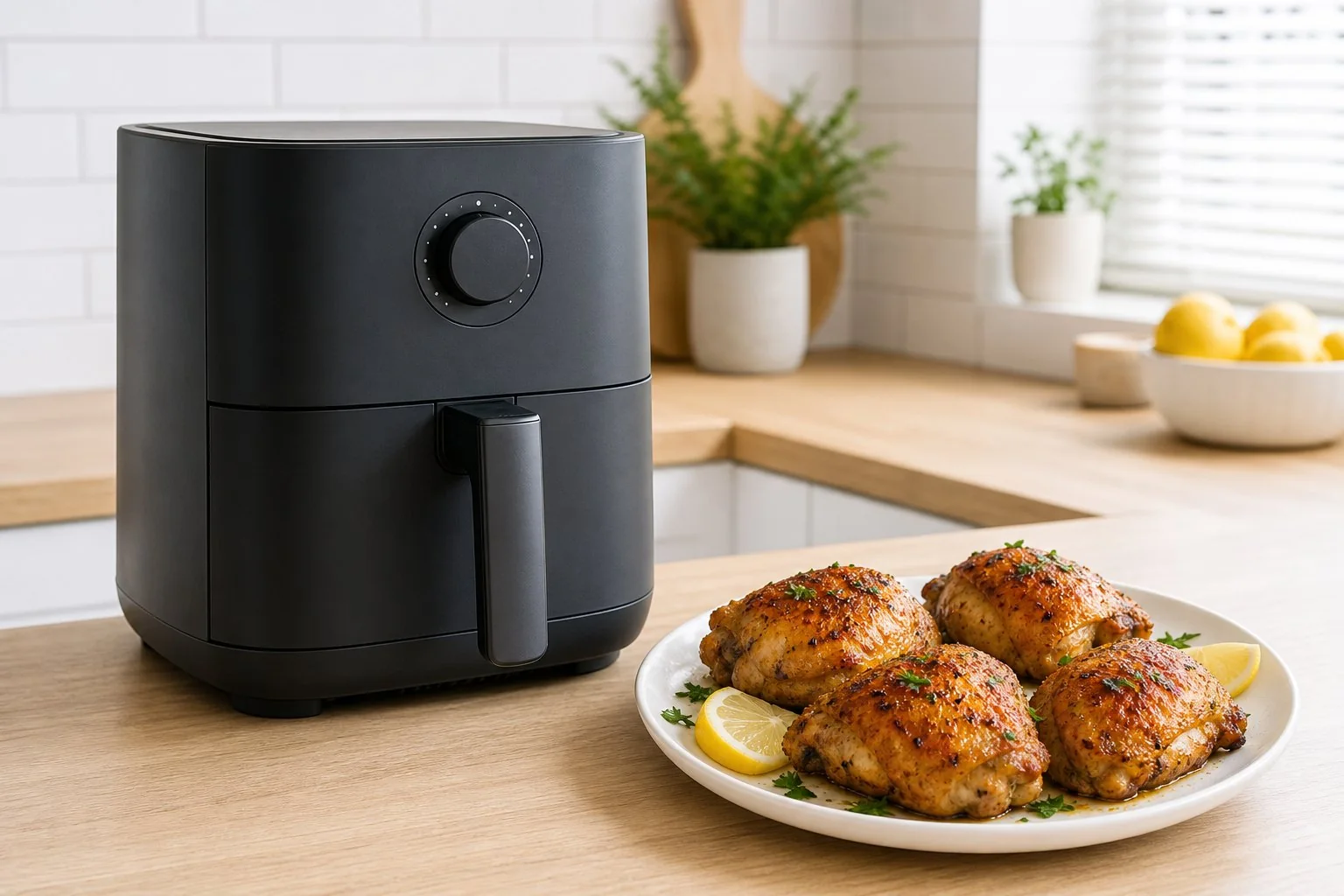 Generated editorial photograph of cooked chicken thighs beside an unbranded air fryer