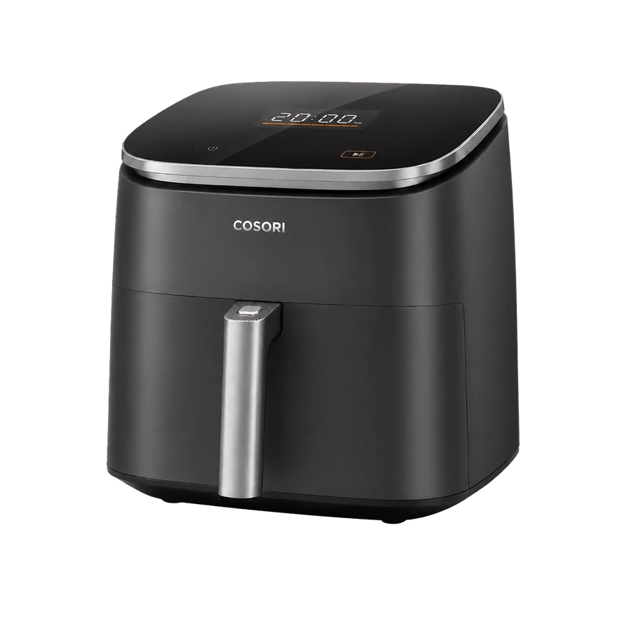 Editorial illustration of a rounded single-basket air fryer inspired by the COSORI TurboBlaze 6L form