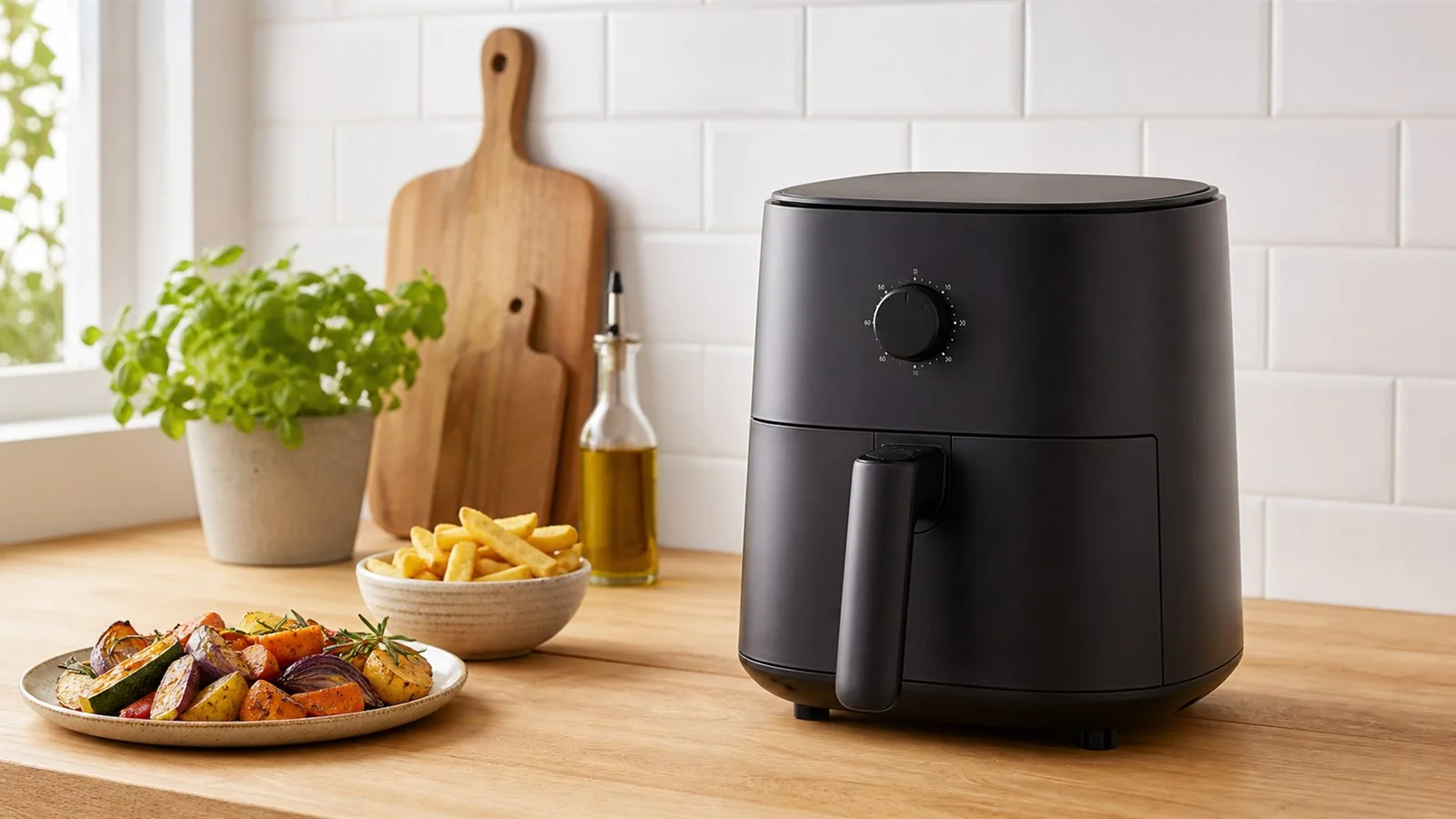 Generated placeholder of a compact air fryer on a measured kitchen worktop