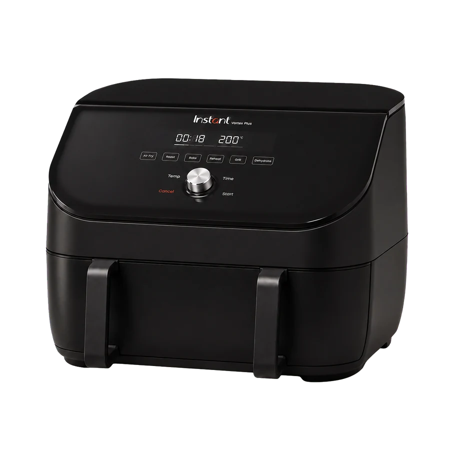 Editorial illustration of a wide divider drawer air fryer inspired by the Instant VersaZone 8.5L form