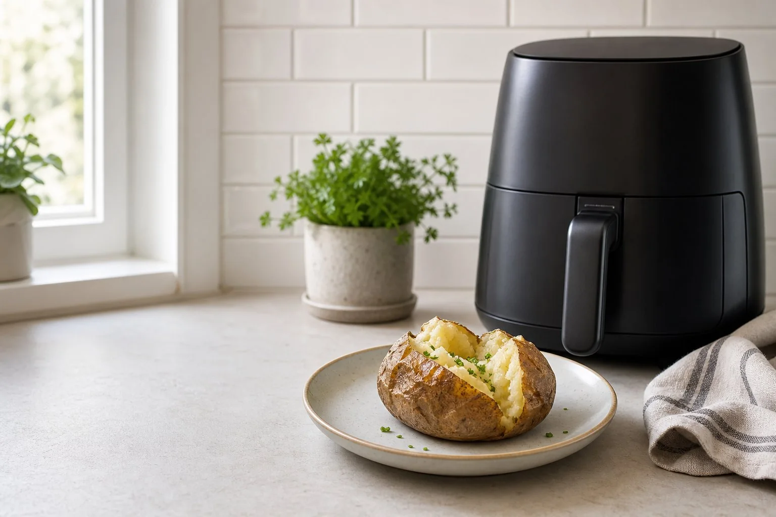Generated editorial photograph of a jacket potato beside an unbranded air fryer in a bright kitchen
