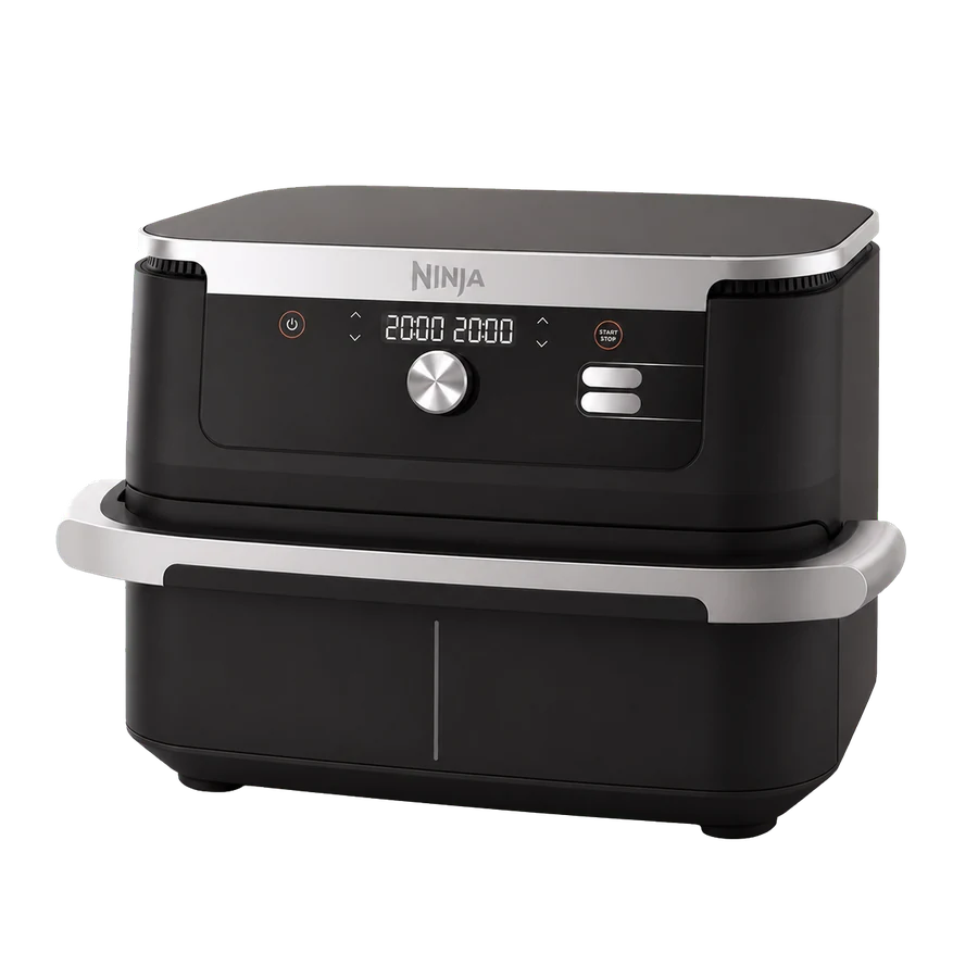 Editorial illustration of a wide flexible-drawer air fryer inspired by the Ninja AF500UK form