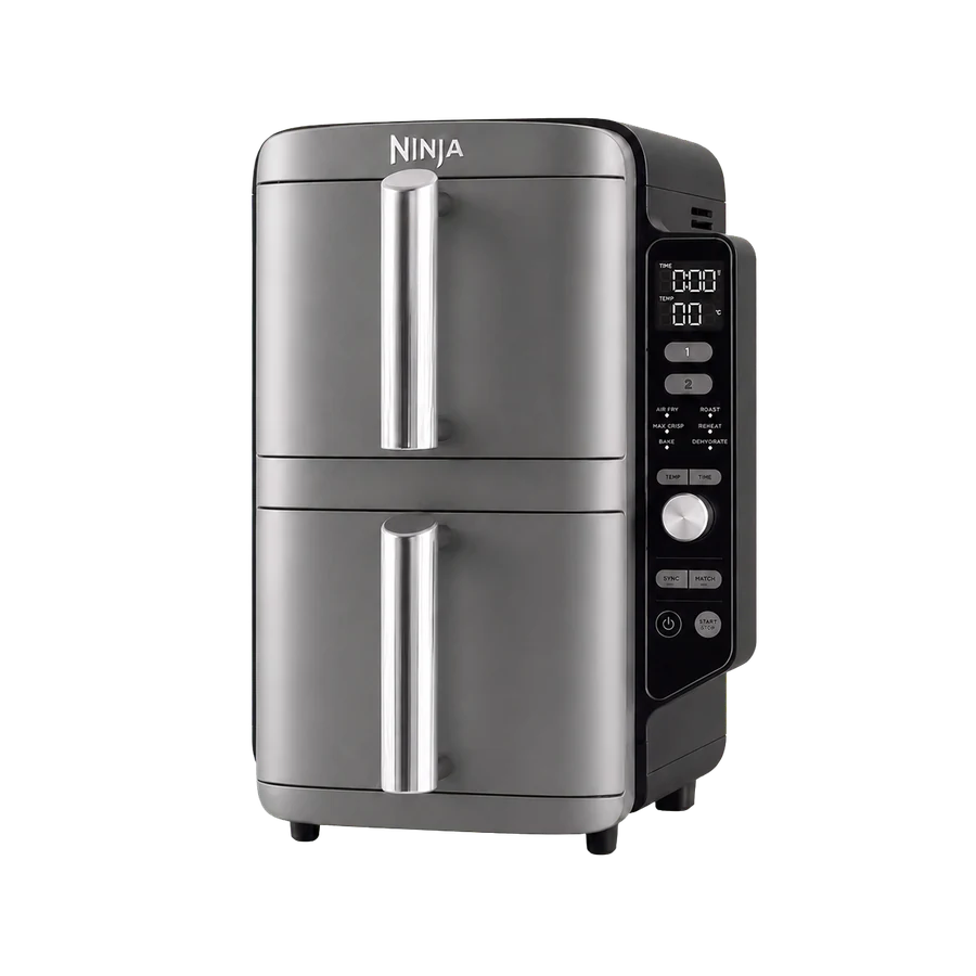 Editorial illustration of a vertically stacked dual-drawer air fryer inspired by the Ninja SL400UK form