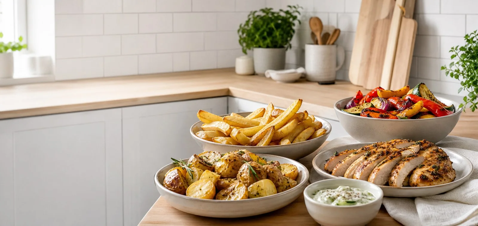 Generated photograph of cooked food arranged in a bright home kitchen
