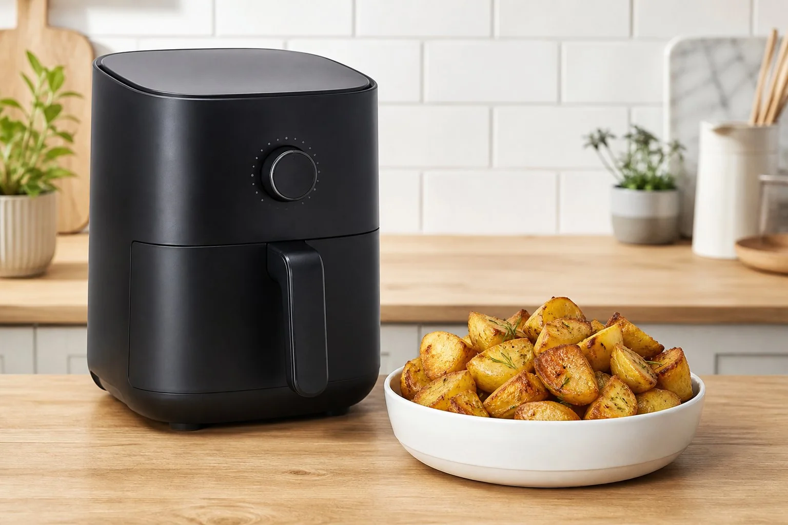 Generated editorial photograph of cooked roast potatoes beside an unbranded air fryer