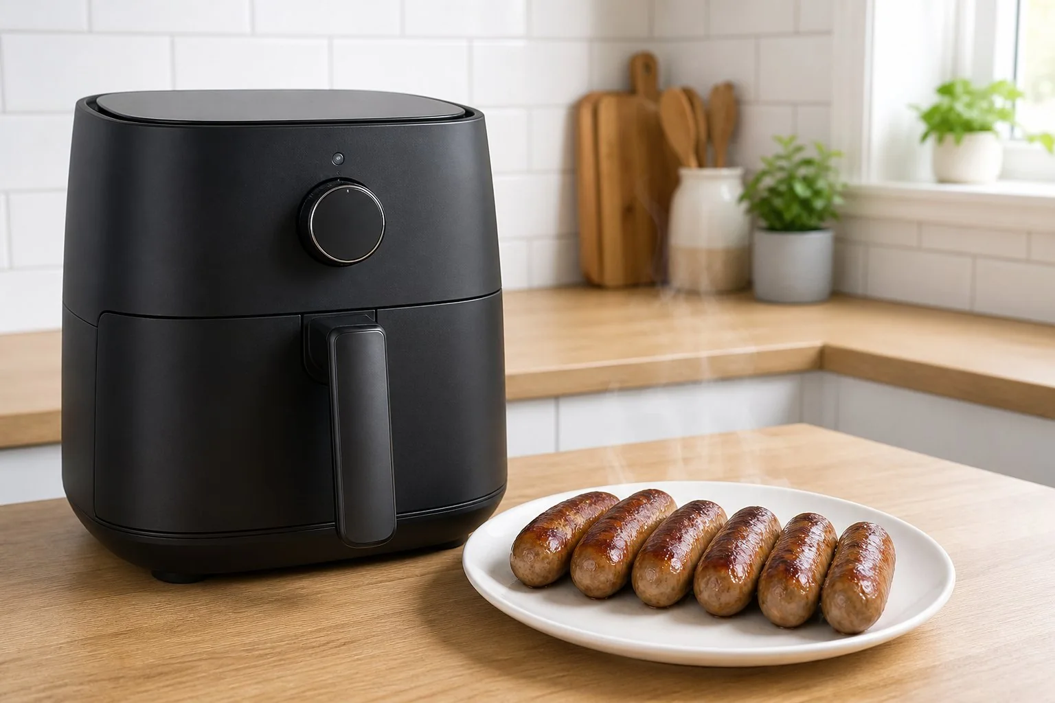 Generated editorial photograph of cooked sausages beside an unbranded air fryer