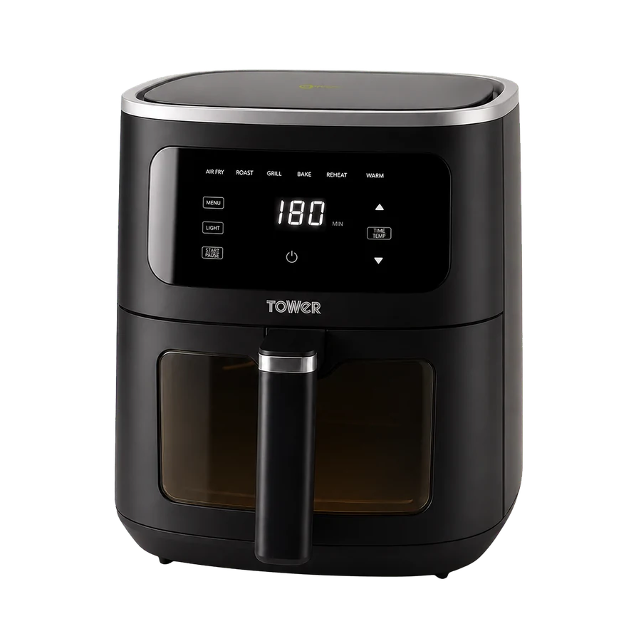 Editorial illustration of a compact windowed air fryer inspired by the Tower T17174 form
